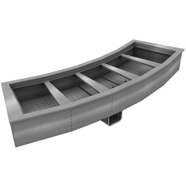 A Delfield stainless steel curved drop-in cold food well with five pans.
