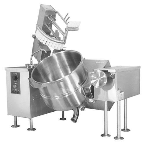 A Cleveland natural gas steam jacketed mixer kettle with a large drum and a handle.