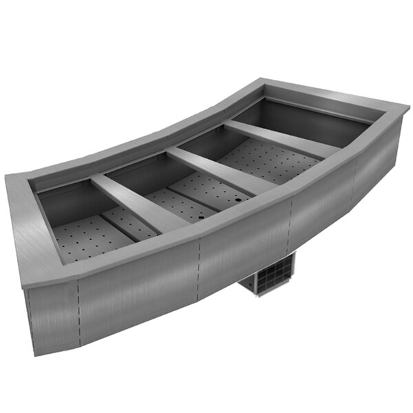 A stainless steel Delfield drop-in cold food well with curved rectangular holes for four pans.