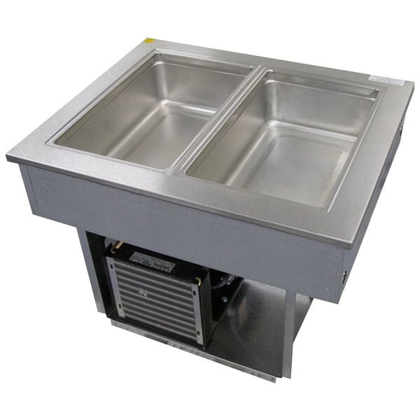 A Delfield stainless steel drop-in refrigerated cold food well with two compartments.