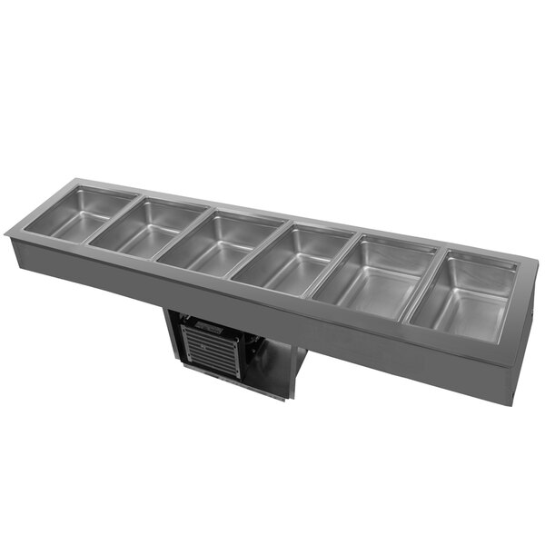 A Delfield LiquiTec refrigerated cold food well with six compartments in a counter.