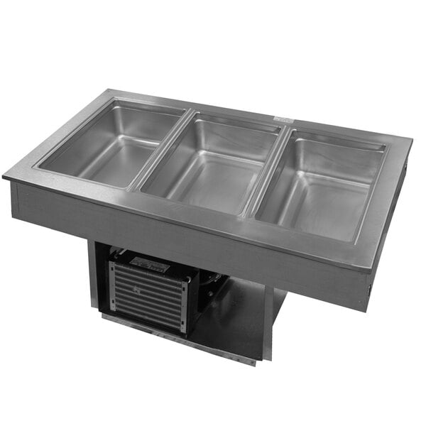 A stainless steel Delfield LiquiTec drop-in cold food well with three compartments.