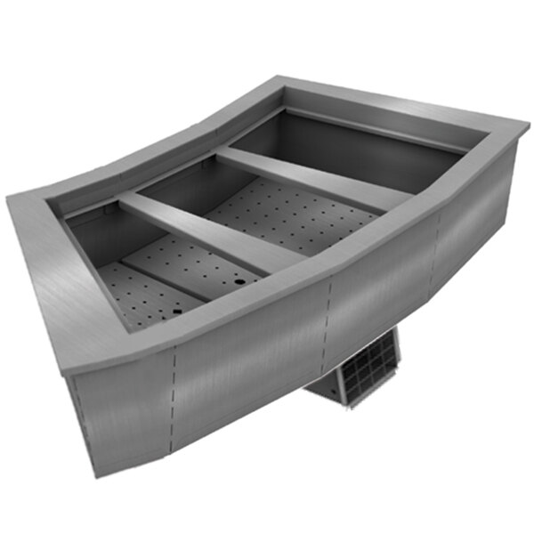 A Delfield drop-in cold food well with three metal rectangular pans and a curved metal rectangular object with holes.