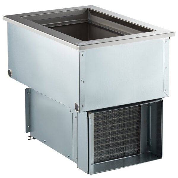 A stainless steel rectangular Delfield drop-in refrigerated cold food well with a door.