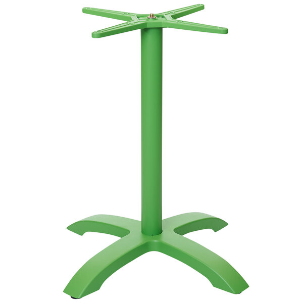 A lime green powder coated aluminum table base.