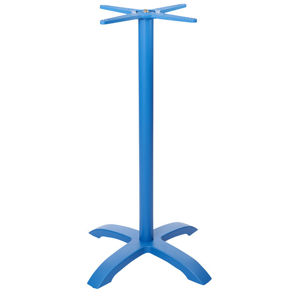 A blue powder coated aluminum table base with four legs.