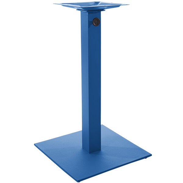 A blue metal square table base for BFM Seating with an umbrella hole.