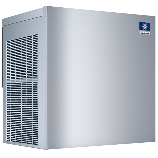 A white rectangular Manitowoc air cooled ice machine with a blue logo.