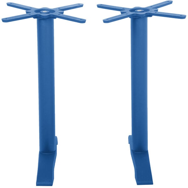 A blue metal BFM Seating Bali table base set with 2 legs.