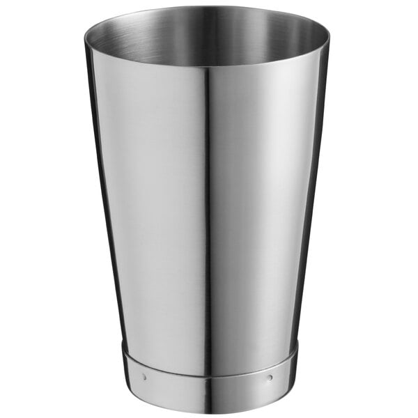 A silver stainless steel Barfly cocktail shaker tin.