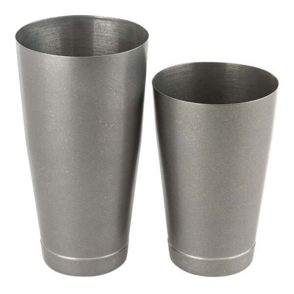A pair of metal Barfly Vintage cocktail shaker cups with lids.