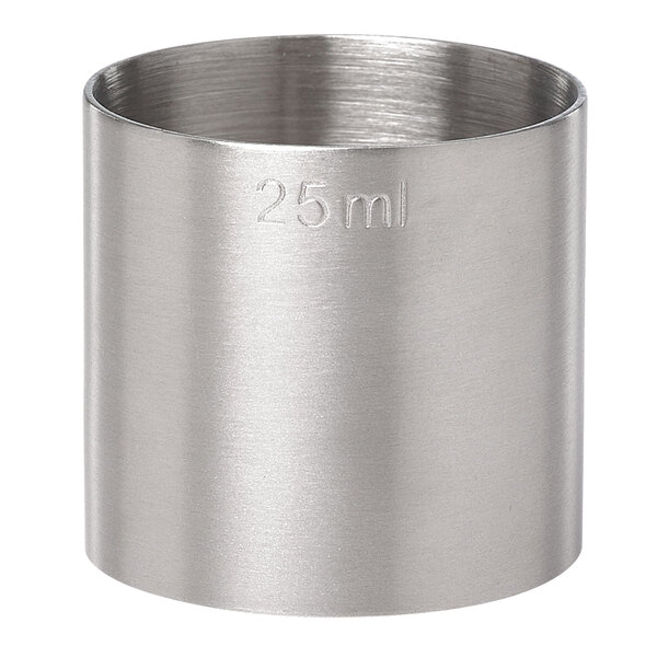 A silver stainless steel cylinder with the number 25 mL on it.