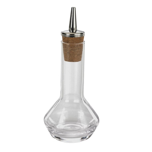 A Barfly clear glass bitters bottle with a cork stopper.