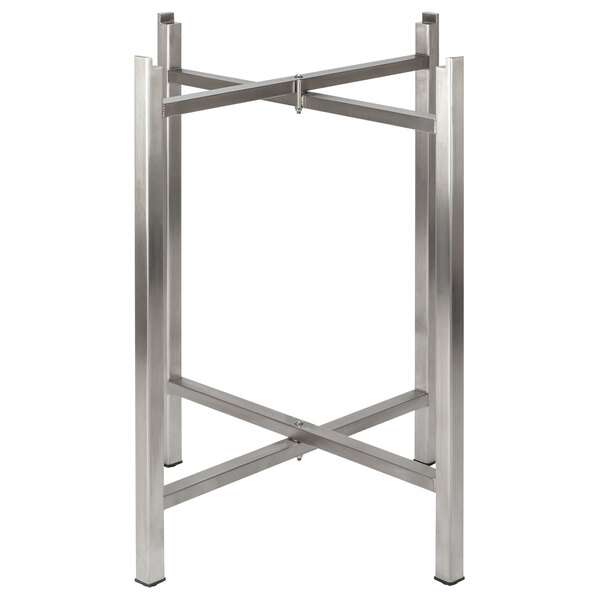 A Bon Chef stainless steel table base with three legs and a square base.