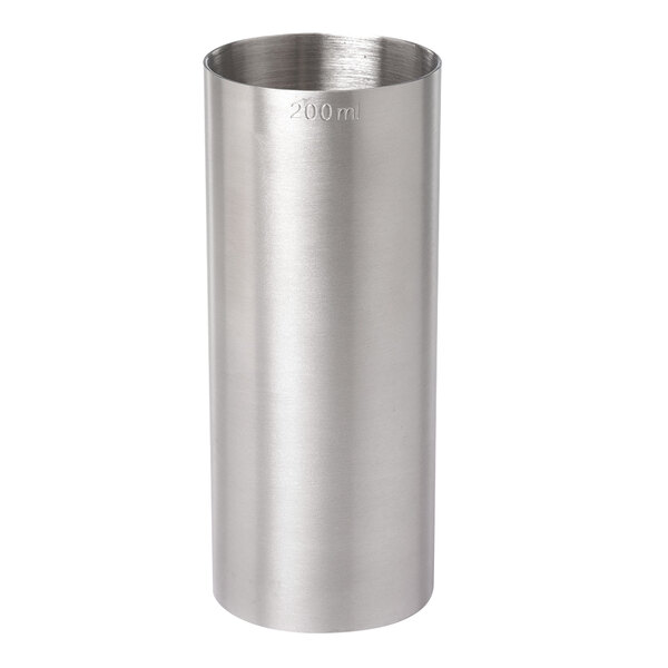 A stainless steel Barfly thimble measure cylinder with a handle.