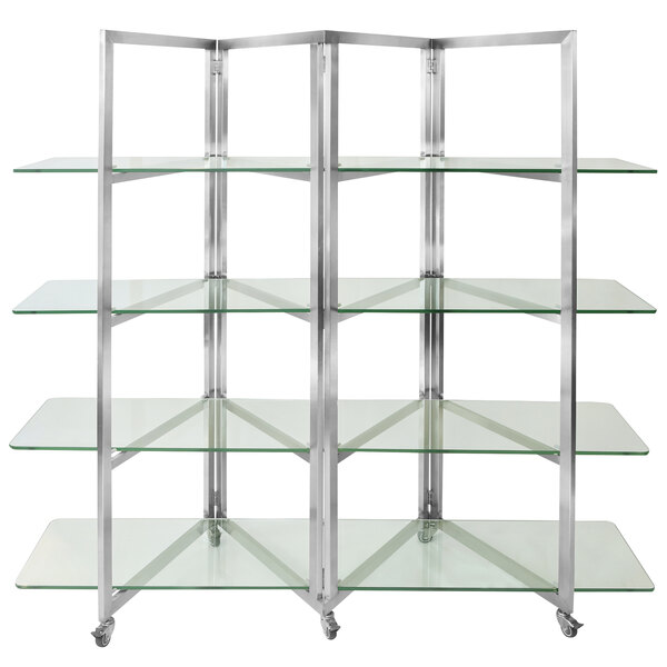 A stainless steel rolling buffet serving cart with glass shelves on wheels.