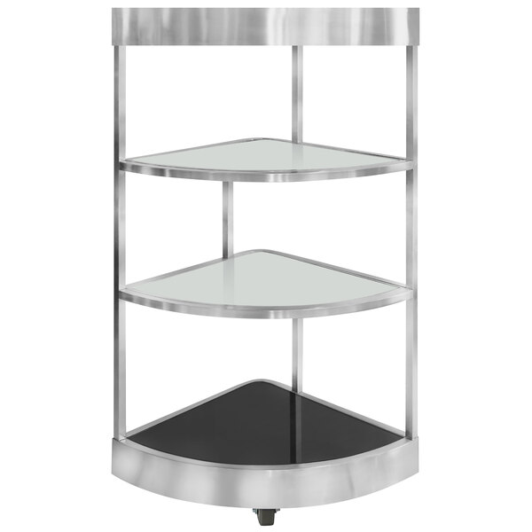 A stainless steel rolling buffet cart with glass shelves.