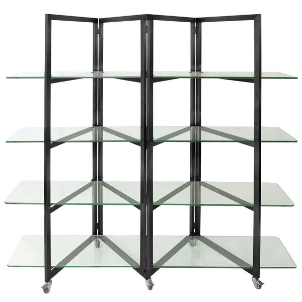 An Eastern Tabletop black stainless steel rolling buffet with glass shelves on wheels.