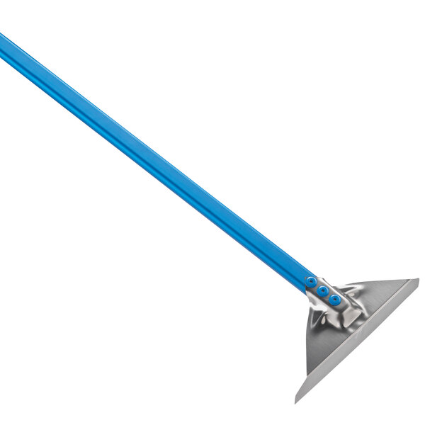 A stainless steel oven rake with a blue handle.