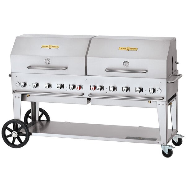 A large silver Crown Verity mobile grill with wheels.