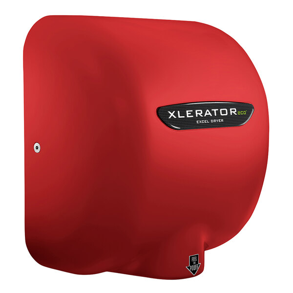 A red Excel XLERATOReco hand dryer with a black logo.