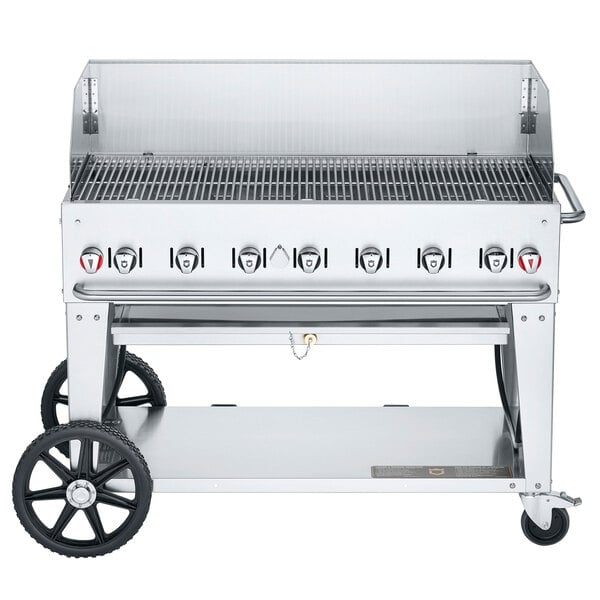 A Crown Verity liquid propane outdoor grill with wheels.