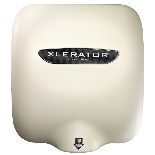 A white Excel XLERATOR hand dryer with black text on the label.