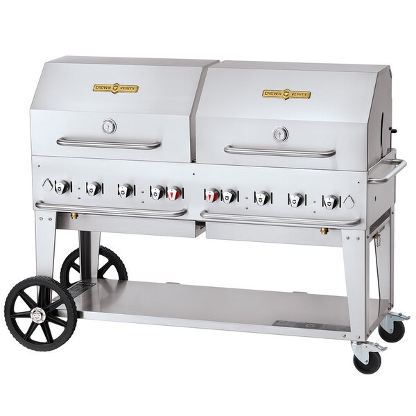 A silver Crown Verity mobile outdoor grill with wheels.