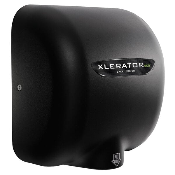 A black Excel hand dryer with a logo on it.