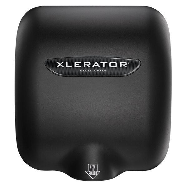 A black Xlerator hand dryer with a logo.