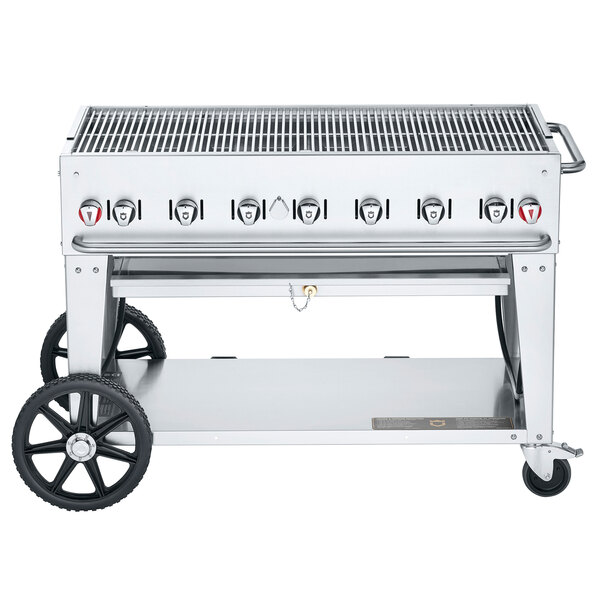A Crown Verity liquid propane outdoor grill on wheels.