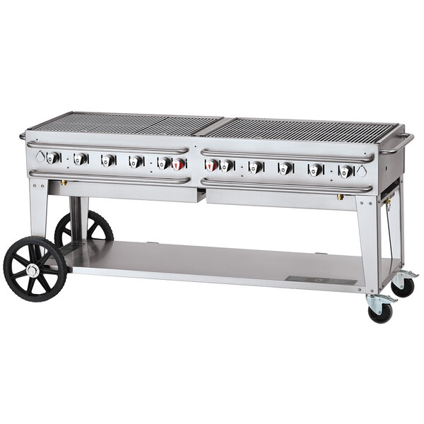 A large stainless steel Crown Verity outdoor grill with wheels.
