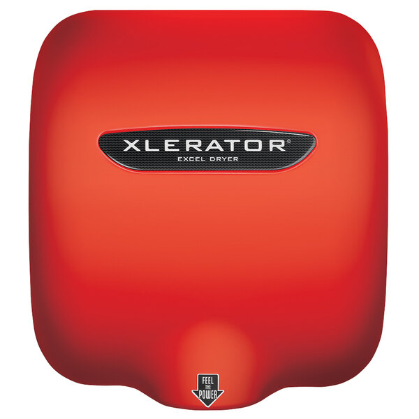 A red Excel hand dryer with black and white XLERATOR logo.