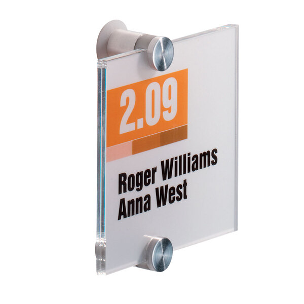 A clear Durable square acrylic sign with inserts on a couple of screws.