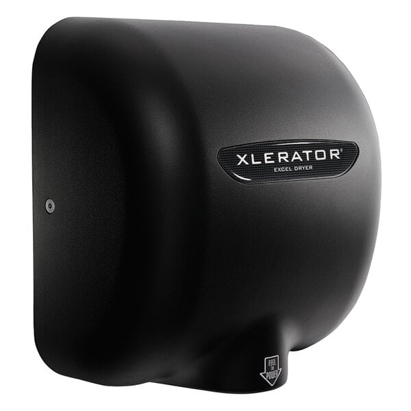 A black Excel XLERATOReco hand dryer with a logo.