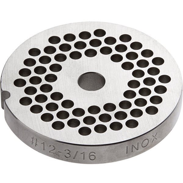 A stainless steel Backyard Pro #12 meat grinder plate with holes.