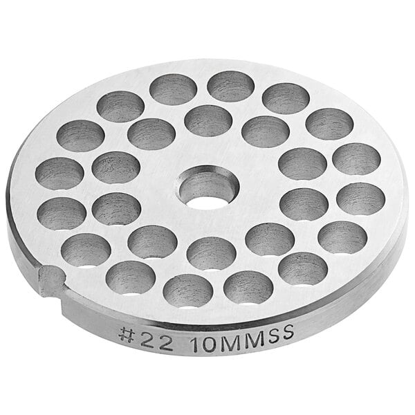 A Backyard Pro #22 meat grinder plate with 3/8" holes.
