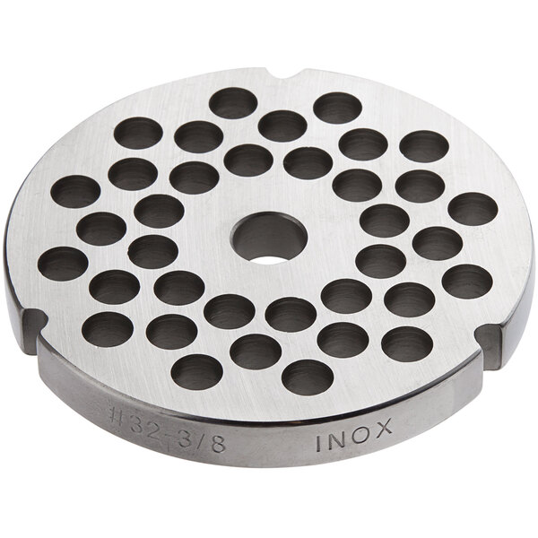 A stainless steel Backyard Pro #32 grinder plate with holes in it.