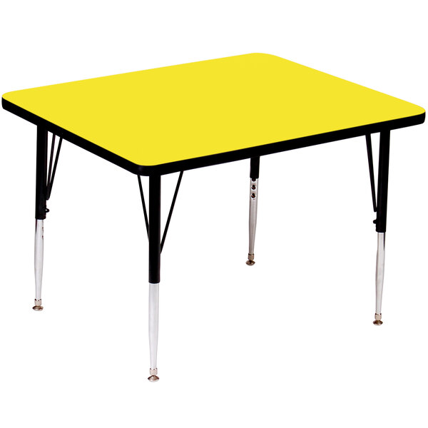 A yellow rectangular Correll activity table with adjustable legs.