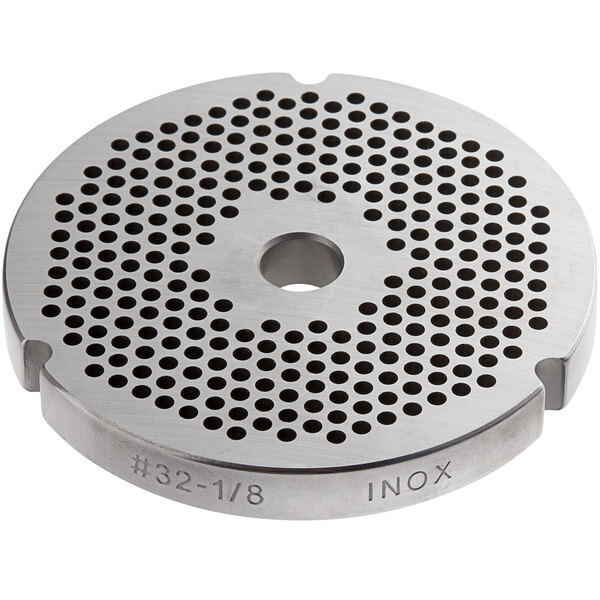 A stainless steel Backyard Pro #32 grinder plate with 1/8" holes.
