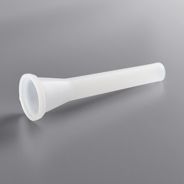 A white plastic Backyard Pro sausage stuffer tube with a small opening.