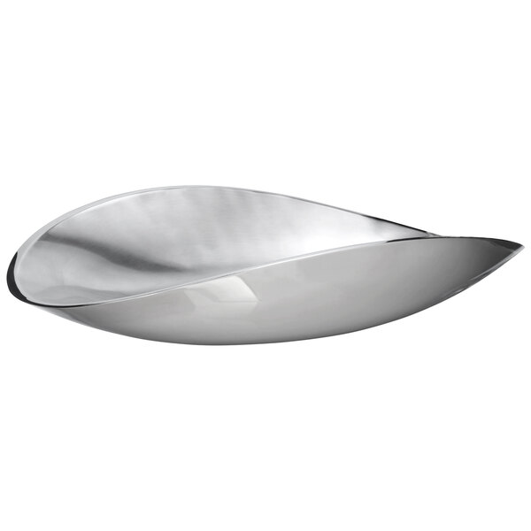 A stainless steel Bon Chef platter with angled edges and petal design.