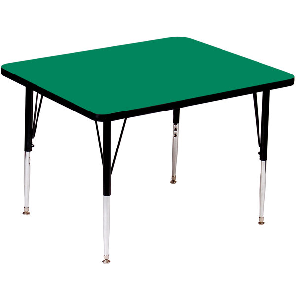 A green square Correll activity table with black legs.