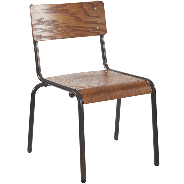 A BFM Seating Nash side chair with a wood seat and back and metal legs.