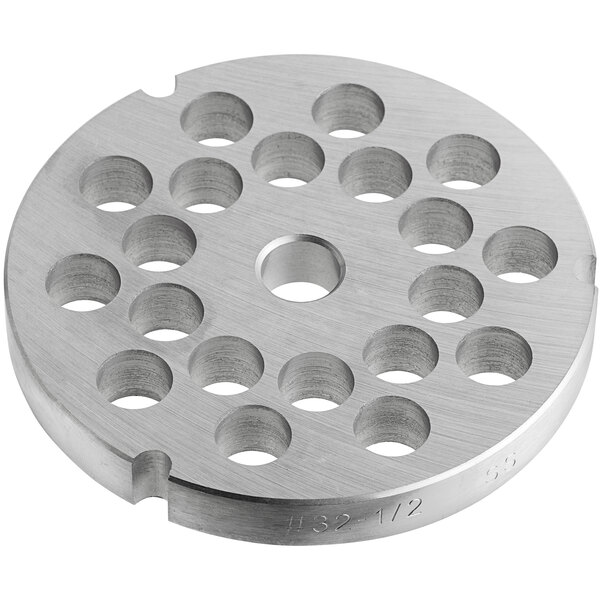 A stainless steel Backyard Pro #32 grinder plate with holes in it.