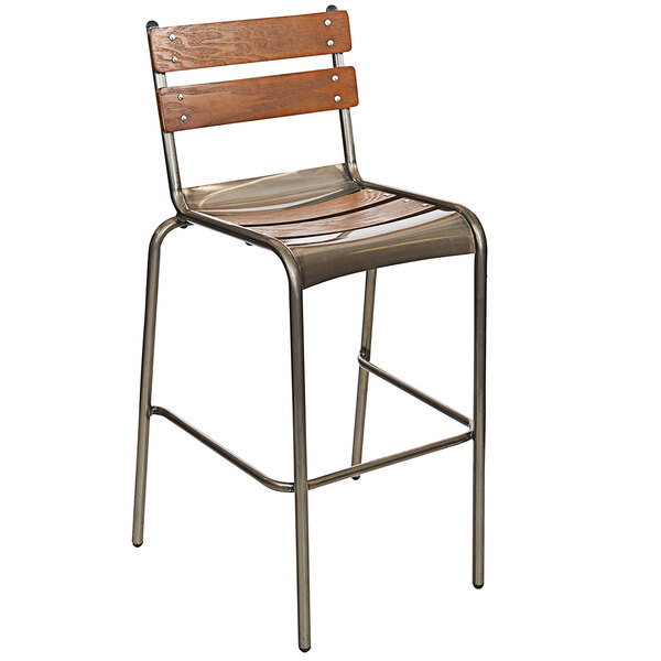 A BFM Seating Dalton restaurant bar stool with a metal frame and wooden seat and back.