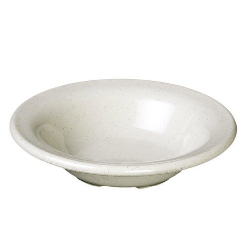 A white bowl with speckled surface and a white rim.