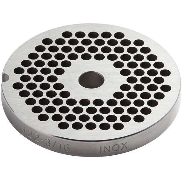 A stainless steel Backyard Pro #22 grinder plate with holes in it.