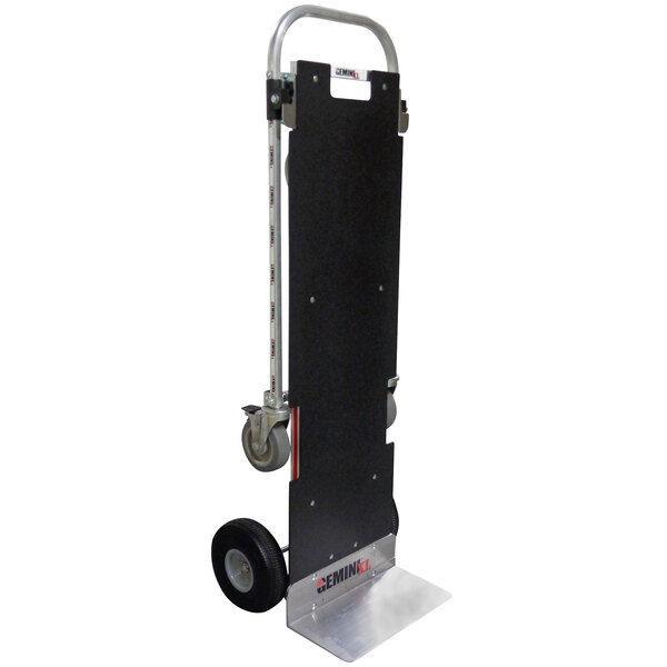 A black hand truck with silver and black U-loop handle and wheels.