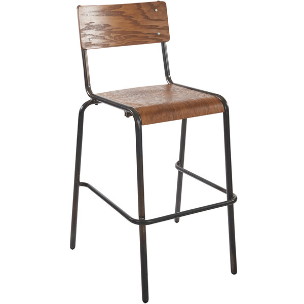 A BFM Seating Nash barstool with a wood seat and back and metal legs.